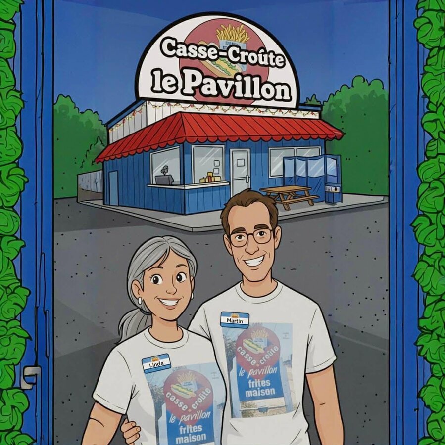 Linda et Martin devant le Casse-Croûte Le Pavillon